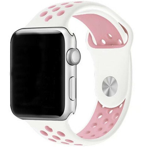 Curea iUni compatibila cu Apple Watch 1/2/3/4/5/6/7, 42mm, Silicon Sport, Alb/Roz Pal