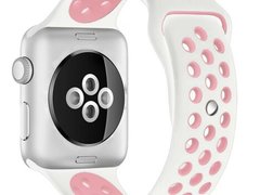 Curea iUni compatibila cu Apple Watch 1/2/3/4/5/6/7, 42mm, Silicon Sport, Alb/Roz Pal